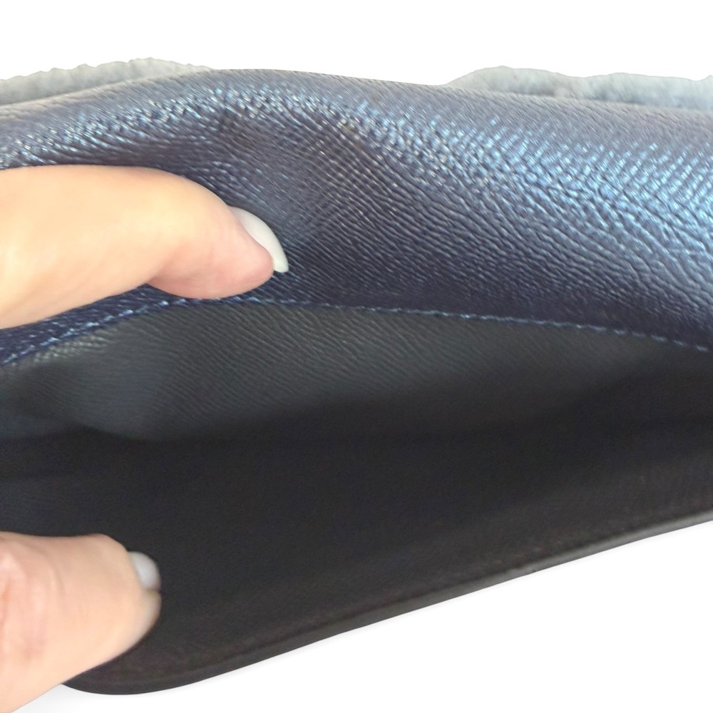 Coach Bear Chain Crossbody Metallic Navy Leather Shearling Eyes Clutch Wristlet - Picture 6 of 14